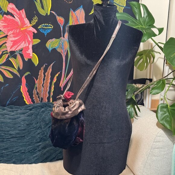 Velvet + Leather Small Drawstring Bucket Bag, Multi-Color with Velvet Flowers - Picture 4 of 15
